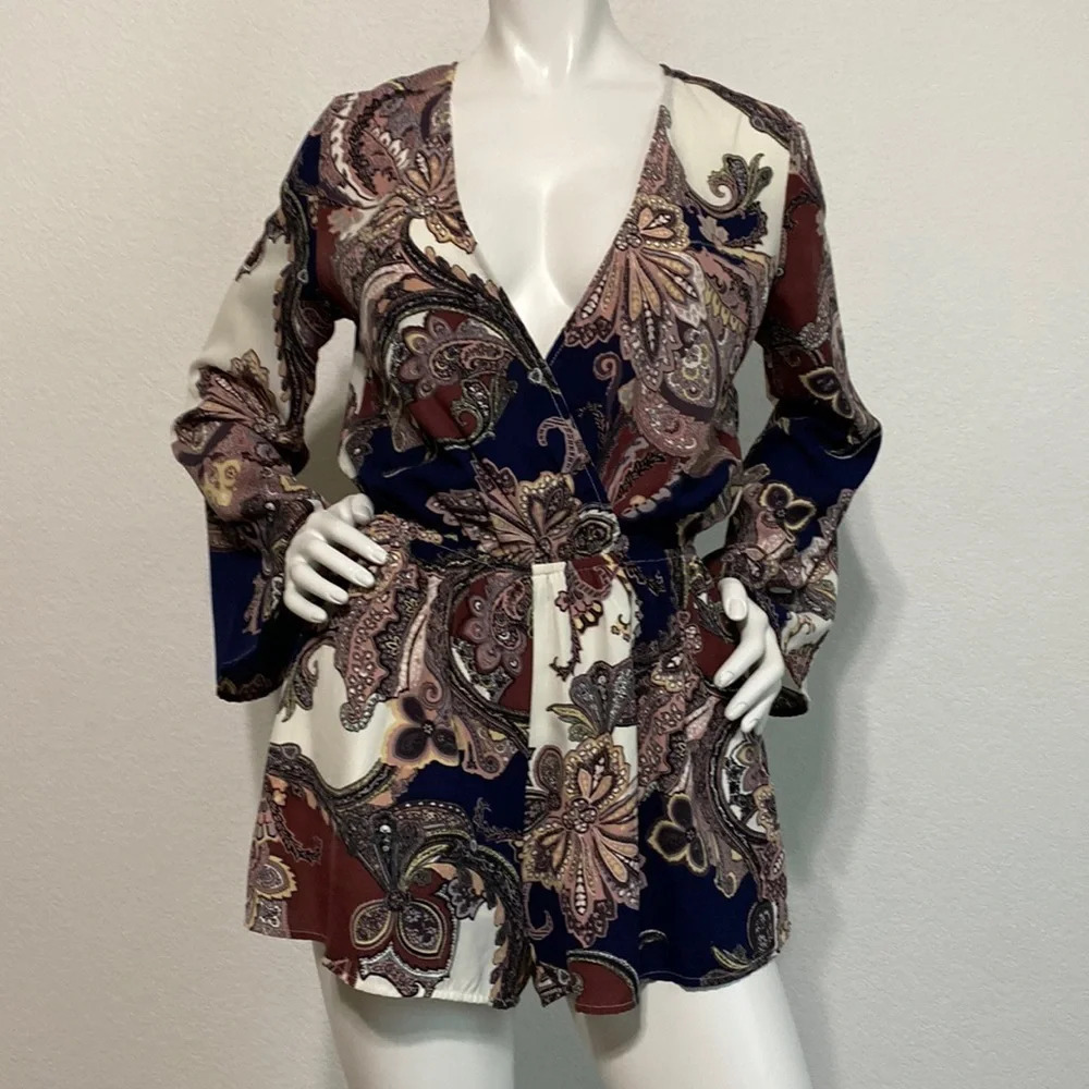 Illa Illa Paisley Blue Brown Boho Long Sleeve Romper Size S